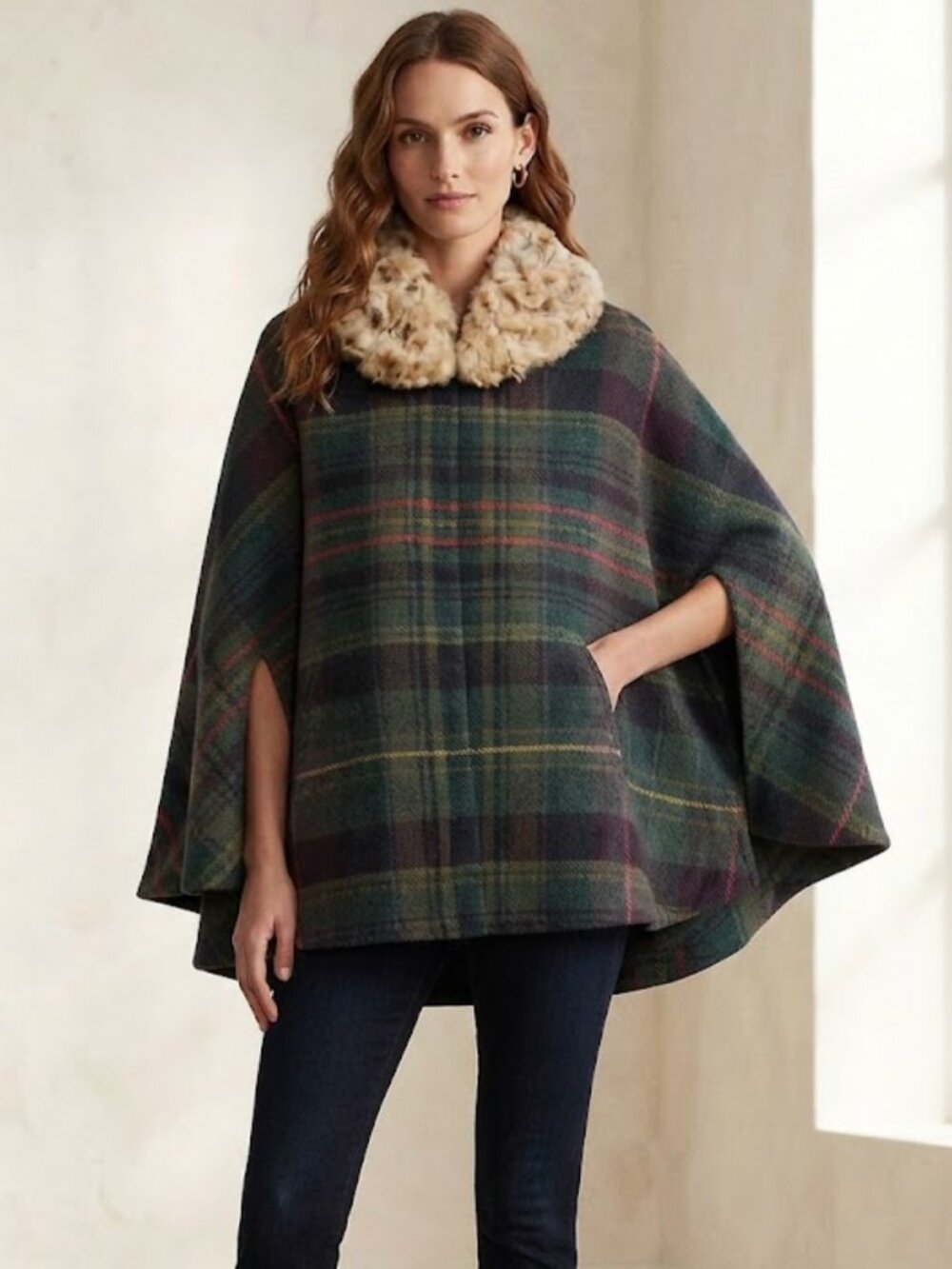 Lauren Ralph Lauren Tartan Plaid Wool Blend Cape Poncho, Faux Fur Collar S/M